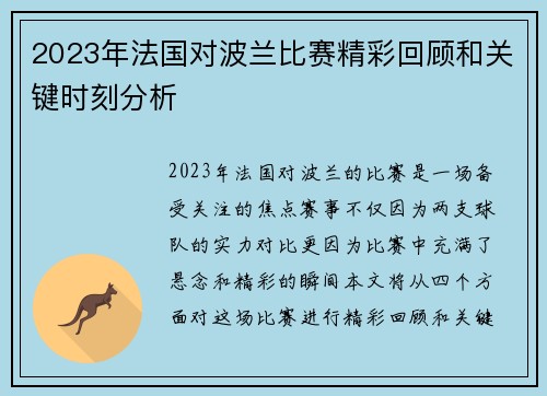 2023年法国对波兰比赛精彩回顾和关键时刻分析