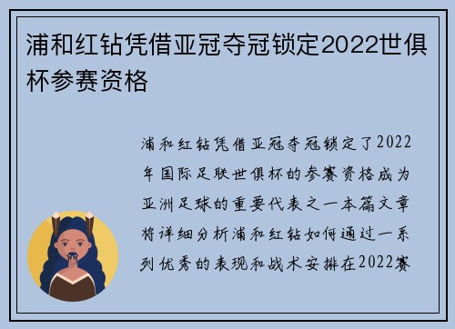 浦和红钻凭借亚冠夺冠锁定2022世俱杯参赛资格