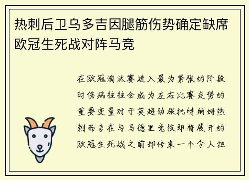 热刺后卫乌多吉因腿筋伤势确定缺席欧冠生死战对阵马竞
